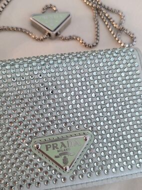 Prada Mint Crystal-Embellished Wallet / Card Holder On Chain
